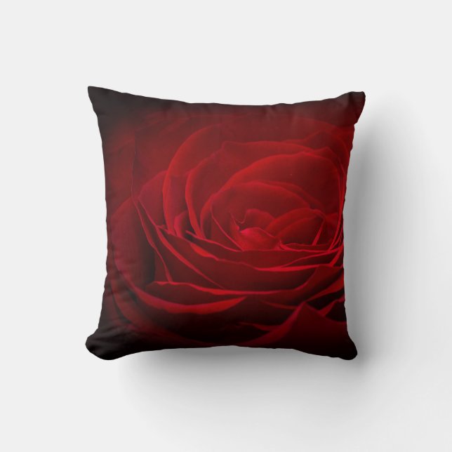 Deep Red Blood Rose On Black Cushion (Front)