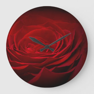Deep Red Blood Rose On Black Large Clock