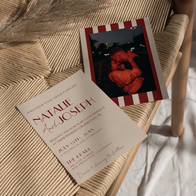 Deep Red Blue Whimsical Modern Photo Wedding Invitation (Creator Uploaded)