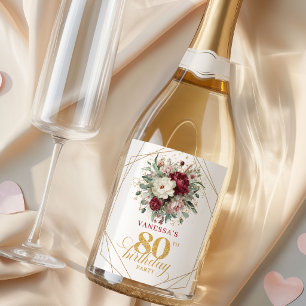 Deep Red Blush Burgundy 80th Birthday Champagne Sparkling Wine Label