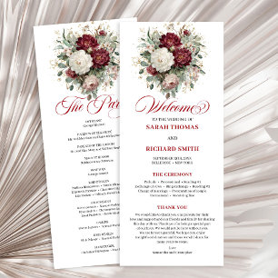 Deep Red Blush Burgundy Floral Wedding Program Programme