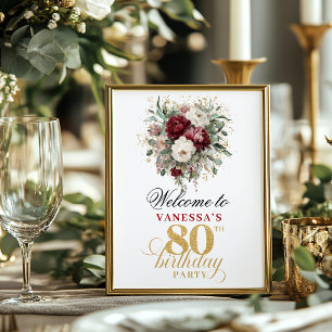 Deep red blush floral 80th birthday 8x10 welcome   poster
