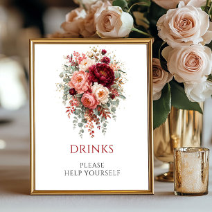 Deep Red Bohemian Floral Drinks 8x10 Wedding Poster