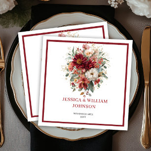 Deep Red Boho Floral Fall Eucalyptus Wedding  Napkin
