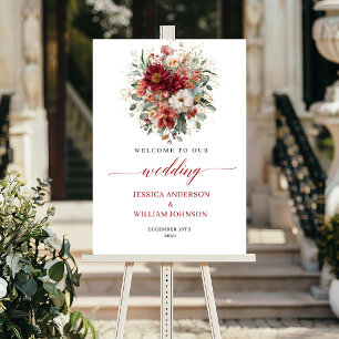 Deep Red Boho Floral Fall Eucalyptus Wedding Sign