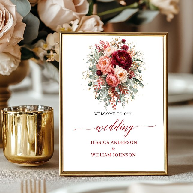 Deep Red Boho Floral Tabletop Eucalyptus Wedding  Poster (Deep Red Boho Floral Tabletop Eucalyptus Wedding Welcome

)