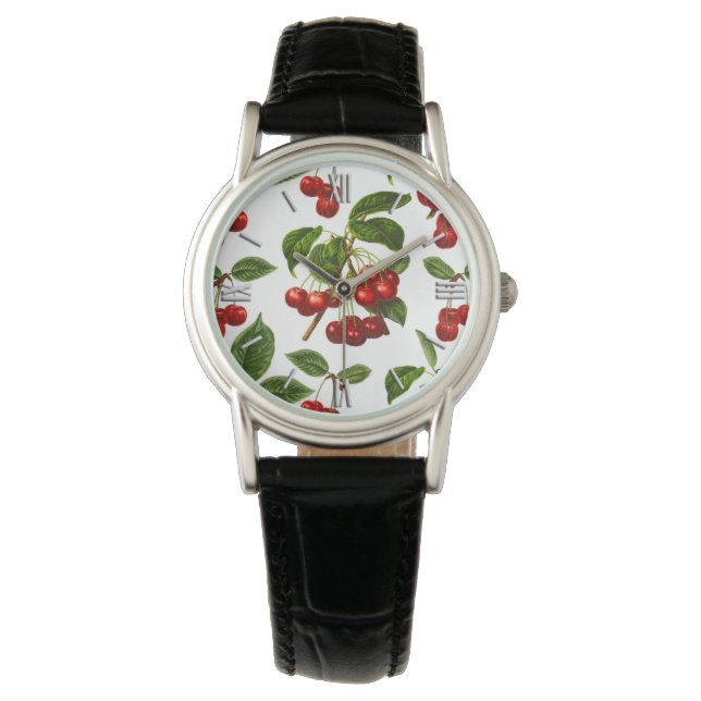 Deep Red Botanical Cherry Pattern Watch (Front)