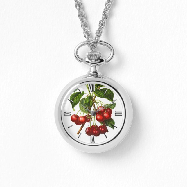 Deep Red Botanical Cherry Print Wrap Watch (Front)