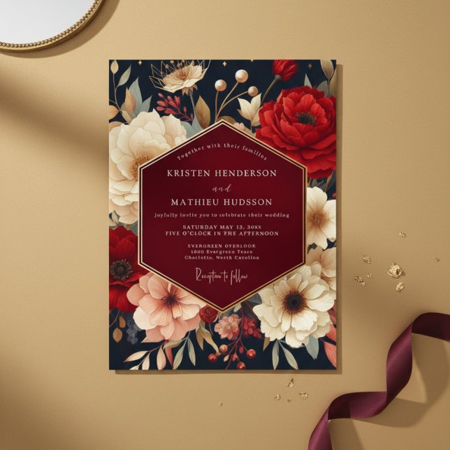 Deep Red Botanical Opulent Wedding Invitation (Creator Uploaded)