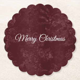 Deep Red Burgundy Floral Christmas Paper Coaster