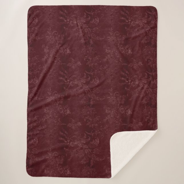 Deep Red Burgundy Floral Christmas Sherpa Blanket (Front)