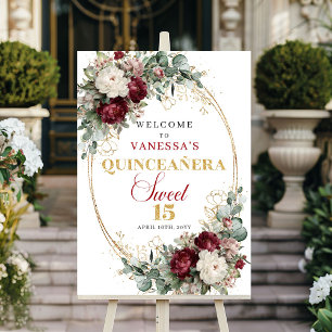 Deep Red Burgundy Floral Gold Quinceanera Welcome  Poster
