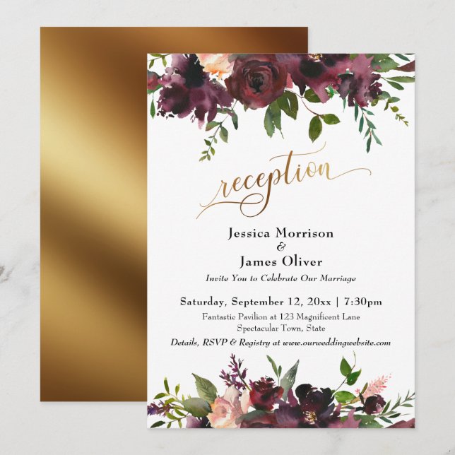 Deep Red Burgundy Floral Gold Reception Typography Invitation (Front/Back)
