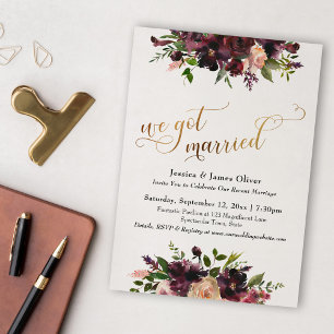Deep Red Burgundy Floral & Gold We Got Married Invitation