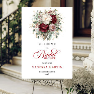 Deep Red Burgundy Flowers Bridal Shower Welcome Poster