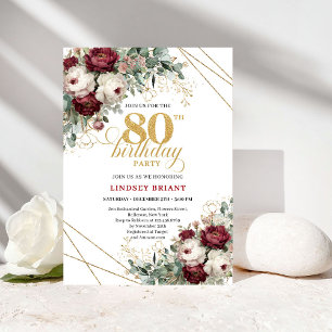 Deep Red Burgundy Flowers Eucalyptus 80th Birthday Invitation