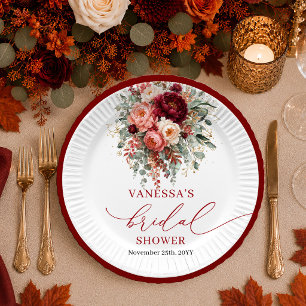 Deep Red Burgundy Gold floral bridal shower plates
