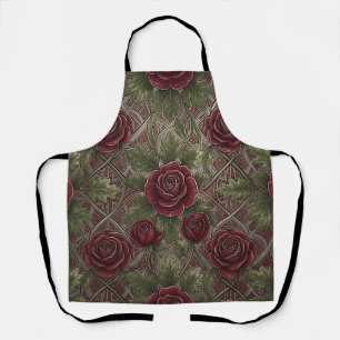Deep Red Burgundy Roses Green Ornate Lattice Apron