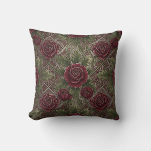 Deep Red Burgundy Roses Green Ornate Lattice Cushion
