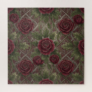 Deep Red Burgundy Roses Green Ornate Lattice Jigsaw Puzzle