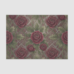 Deep Red Burgundy Roses Green Ornate Lattice Tissue Paper
