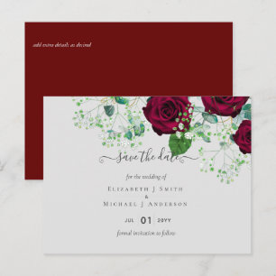 Deep Red Burgundy Roses Wedding Save Date Postcard