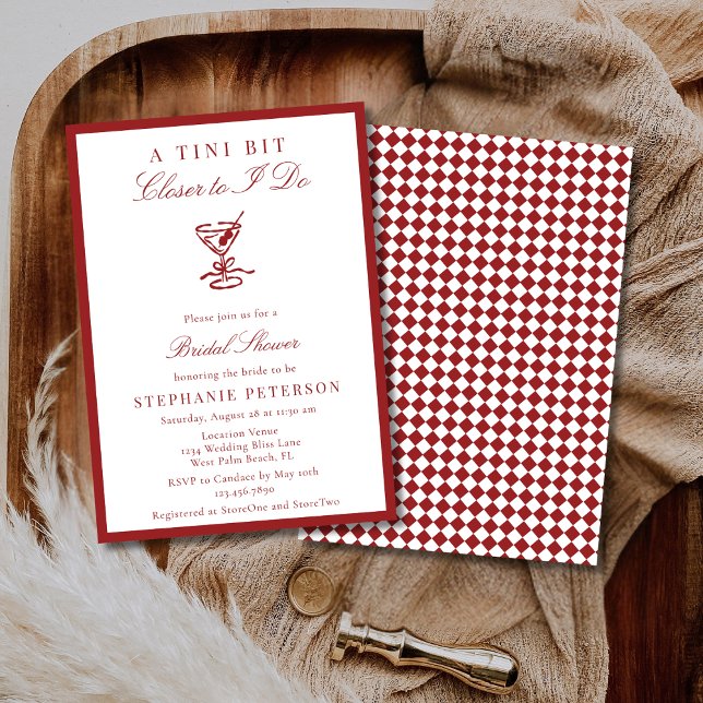 Deep Red Checkered Old Money Martini Bridal Shower Invitation (Creator Uploaded)