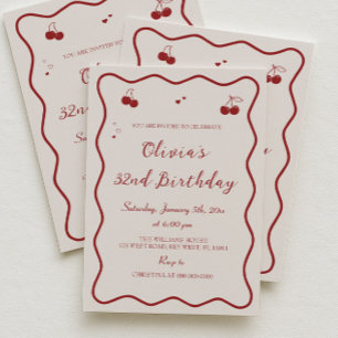 Deep Red Cherry Birthday Party Adult Invitation