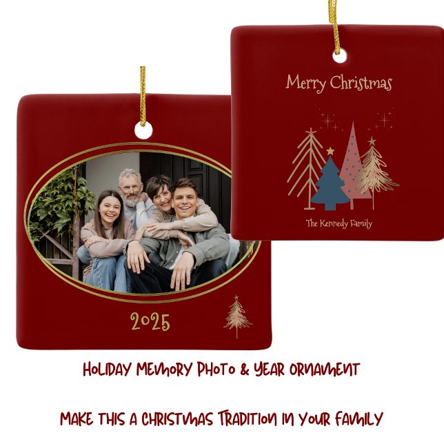 Deep Red Christmas Trees Family Photo Ceramic Ornament (Creator Uploaded)