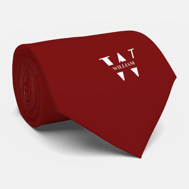 Deep Red Colour Elegant Monogram + Name  Tie (Rolled)