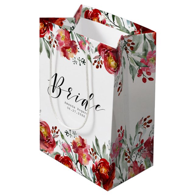 Deep-red colours flowers border- Bride Typography Medium Gift Bag (Back Angled)