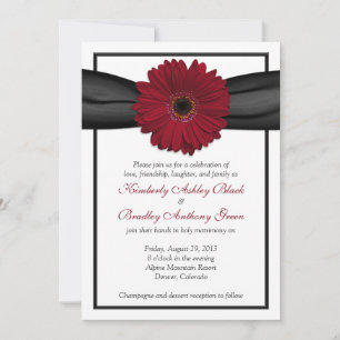 Deep Red Daisy Black Ribbon Wedding Invitation