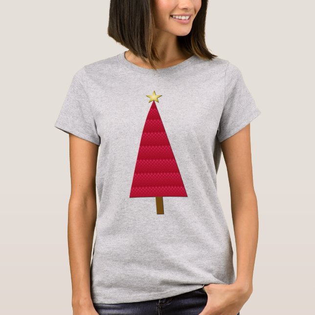 Deep red damask modern Christmas tree T-Shirt (Front)