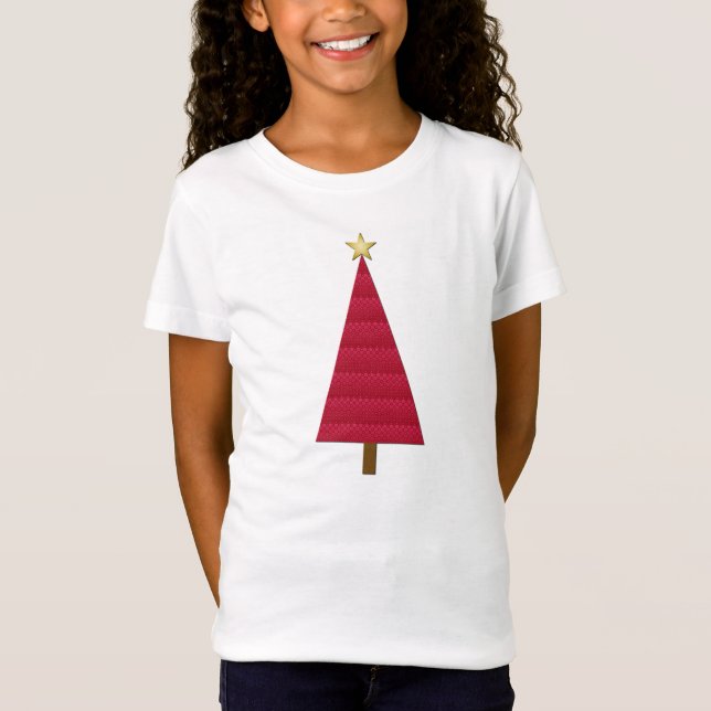Deep red damask modern Christmas tree T-Shirt (Front)