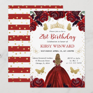Deep Red Dress Blonde Hair Princess Birthday Invitation