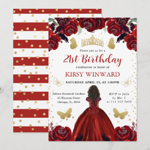 Deep Red Dress Dark Skin Princess Birthday Invitation