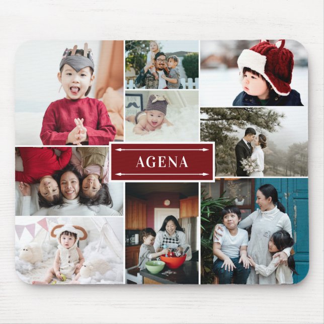 Deep Red Family Photo Collage & Name Mouse Pad (Front)