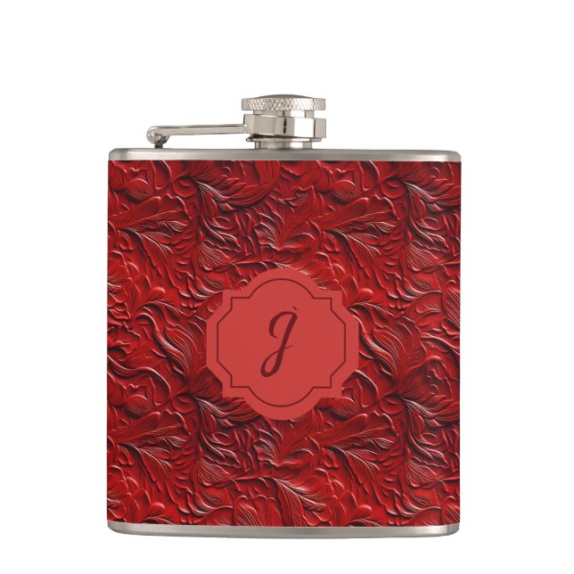 Deep Red Faux Tooled Leather Vinyl  Hip Flask (Front)
