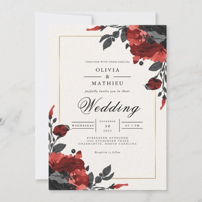 Deep Red Floral Accent Wedding Invitation (Front)