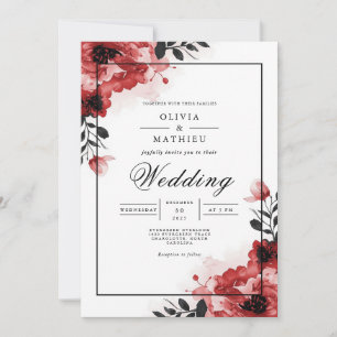 Deep Red Floral Accent Wedding Invitation