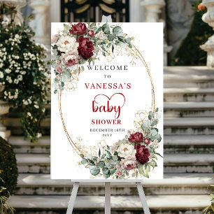 Deep Red Floral Baby Shower Welcome Poster