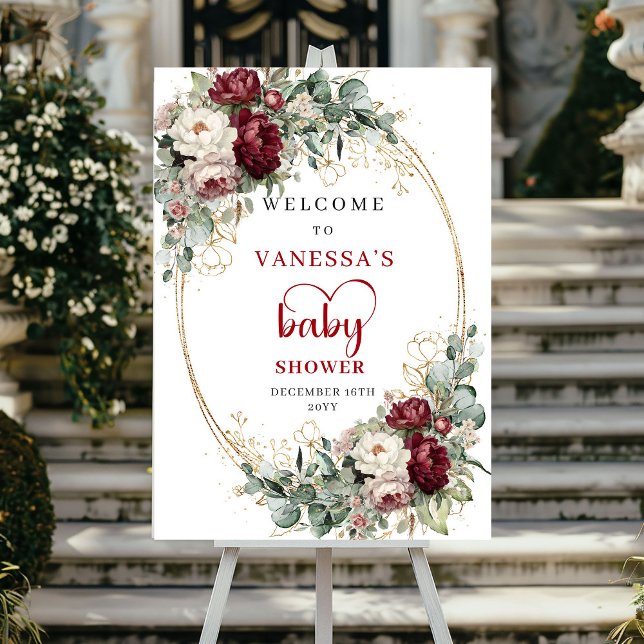 Deep Red Floral Baby Shower Welcome Poster (Deep Red Floral Baby Shower Welcome)