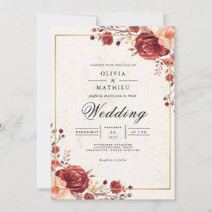 Deep Red Floral Botanical Flourish Wedding Invitation