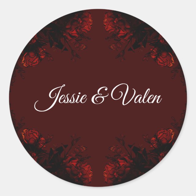 Deep Red Floral Elegant Gothic Wedding Classic Round Sticker (Front)