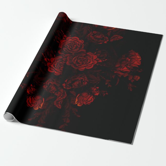 Deep Red Floral Elegant Gothic Wedding Wrapping Paper (Unrolled)