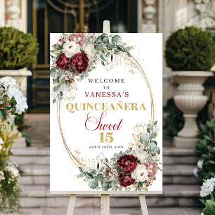 Deep red floral eucalyptus gold Quinceañera welcom Poster
