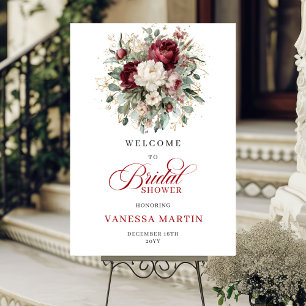 Deep Red Floral Gold Bridal Shower Welcome Poster