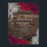 Deep Red Floral Roses Rustic Wood Lace Wedding Invitation<br><div class="desc">Customise any way you want.</div>