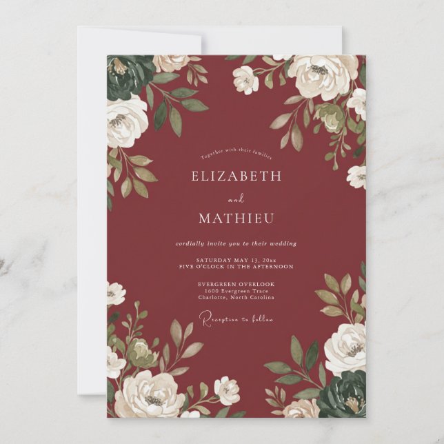 Deep Red Floral Watercolor Wedding Invitation (Front)