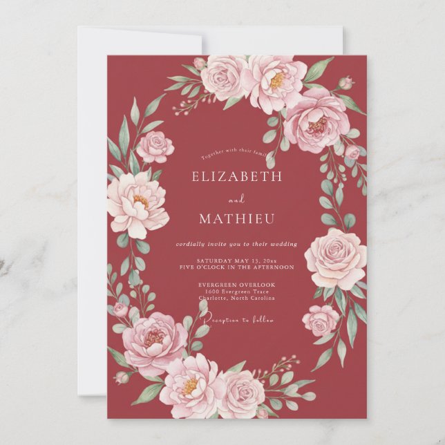 Deep Red Floral Wreath Wedding Invitation (Front)